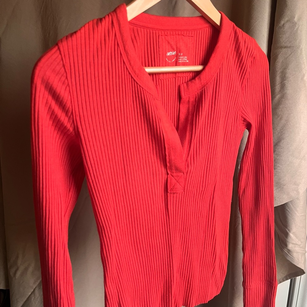 Red Ribbed Long Sleeve Top